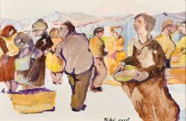 Michel Guyot, Figures in a market, oil on canvas, signed, inscribed and signed verso on stretcher,
