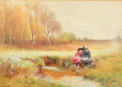 Benjamin D. Sigmund (1857-1947) British, Two children sitting on the edge of a stream with a