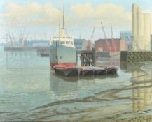 Anne. E. Christopherson (b.1921), 'Blackwall Reach and Cable Ship', oil on canvas, initialled,