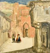 Emile Gastemans (1883-1956) Figures in a street, oil on board, initialled, signed verso and dated