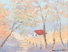 Dee McCollum (20th Century) American, a dwelling by a tree lined pathway, oil on canvas, signed,