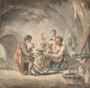 An interior scene with figures seated round a table, watercolour, indistinctly signed and dated, 4.