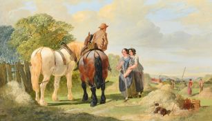 Hy. Woollett (19th Century), A young man with heavy horses chatting to young ladies in a field