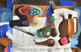 Stella Mertens (1896-1986) Belgium, a still life composition with fruit and kitchen objects, oil