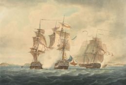 Robert Pollard after Pocock, a naval engagement off Brest, a hand-coloured aquatint, 18