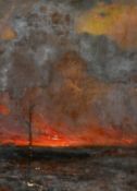 Late 19th Century English School, burning fields at dusk, oil on canvas, indistinctly inscribed