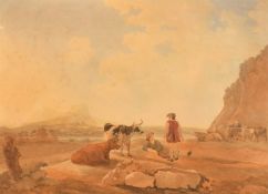Style of Peter Le Cave, an extensive landscape with herdsmen resting their cattle, watercolour,