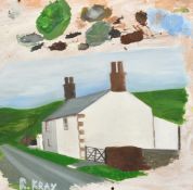 Attributed to Ronnie Kray (1933-1995), a farmhouse in fields, oil on board, signed, 21