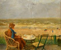 R. Ives Browne (1865-1956) Netherlands, A lady seated at a table having tea looking out to sea, with