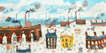 Simeon Stafford (b. 1956) British, 'Stockport', a view of figures amongst factory buildings, oil