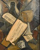 Circle of Braque, a cubist still life with collage, oil on board with newspaper collage, 18