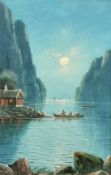 Nils Hans Christiansen (1867-1939), figures in boats in fjord under moonlight, oil on board, signed,
