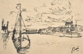 French School, circa 1900, 'The Port, Deauville', an ink sketch of a boat alongside a quay,