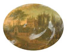 Early 19th Century Continental School, a Southern view of a castle in a landscape, oil on metal,