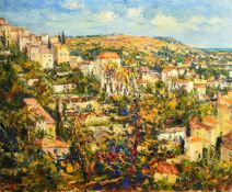 Josine Vignon (1922-2022), A continental view of a hillside village, oil on canvas, signed and