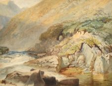 Late 19th Century, A rocky river beneath a mountain, watercolour, possibly indistinctly signed and