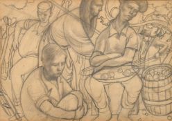 Irish School, Figures harvesting apples with two figures seated near a barrel of apples, pencil