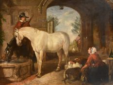 Late 19th Century, circa 1880, A cavalier watering horses and his dog in a courtyard with a young