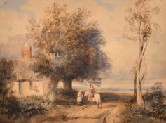 Circle of David Cox, A man on a horse chatting to a lady on a track by a cottage, watercolour, 9.25