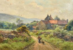 William Ashton (1853-1927), Cockerel and chickens in a landscape near a white house with a