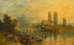 After Turner, Figures and boats gathered at the edge of a river near a bridge, oil on board, 11