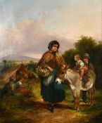 Circle of Shayer (19th Century), Figures by an encampment and a young child on a donkey, oil on
