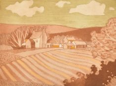 John Brunsden, 'Farm', a colour etching, inscribed, numbered 36/100 and signed in pencil, 8.75