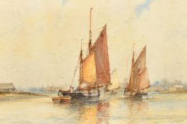 F. J. Aldridge (1850-1933) British, Sailing boats in a calm travelling along a river with