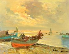 20th Century Italian School, moored fishing boats at dusk, oil on canvas, indistinctly signed, 8.