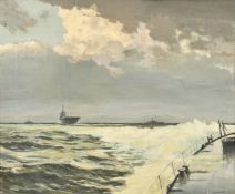 John Noble, 'Destroyer Escort', Navy ships at sea, oil on board, signed, Society of Marine Artists