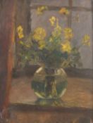 20th Century, Still life of yellow flowers in a glass bowl, oil on board, 17