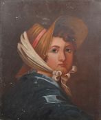 19th Century, Portrait of a young lady wearing a bonnet, oil on board, 18.5