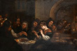 18th Century Dutch School, figures and monkeys in a bustling tavern interior, oil on canvas, 34
