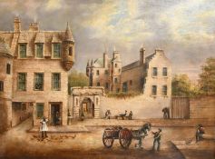Late 19th Century Continental School, A street scene with large stone buildings, figures, a horse
