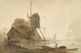 Early 19th Century, a windmill by a river with figures and boats, watercolour, initialled and