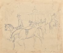 Circle of Toulouse Lautrec, Figures on horseback with a carriage passing a monument, ink drawing, 7