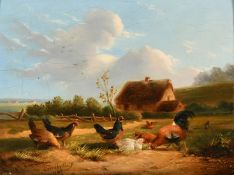19th Century, A Cockerel and chickens in a landscape near a thatched cottage, indistinctly signed
