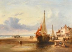 Archibald Webb (ex. 1886-1892) British, A coastal scene with beached boats on the shore and