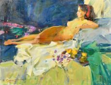 Sergey Kovalenko (b. 1980) Ukraine, a study of a reclining nude female, oil on canvas, signed, 19.