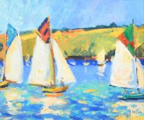 Andrew Tozer (20th Century) Sailing boats on the water, oil on board, signed, 9.25