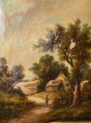 W. Yates (late 19th Century), Figures on a lane near to a dwelling with chickens, oil on canvas,