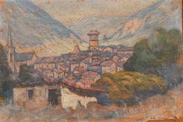 A. Hanian, An Alpine scene with a village nestled between mountains, oil on board, signed, 6.25