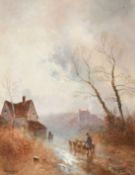 J.W. Gossard (1862-1926) British, 'Homeward', A shepherd moving sheep down a lane through houses