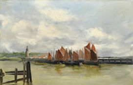 Circle of Robert Mols, A fishing fleet setting sale from the harbour, oil on board, 6