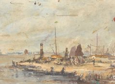 Circle of Boudin, A busy coastal shore scene view with figures, oil on paper, 12