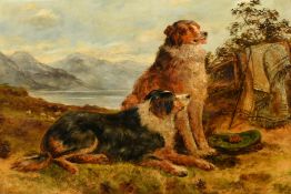 T. B (19th Century), Two dogs resting in a Scottish landscape with hills and sheep beyond, oil on