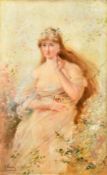 E. Vernon (1872-1919) French, A maiden surrounded by flowers, oil on canvas, signed, 24