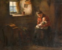 H. J. Dobson, Interior scene with a young girl feeding a baby seated on her lap, oil on canvas,