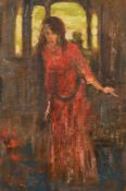 Early 20th Century, Portrait of a woman standing wearing a long red dress, oil on board, initialled,