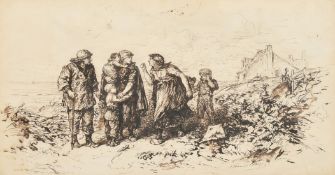 Elchanon Vereer (1826-1900) Figures on a beach, a cross mother with an upset son and broken kite,